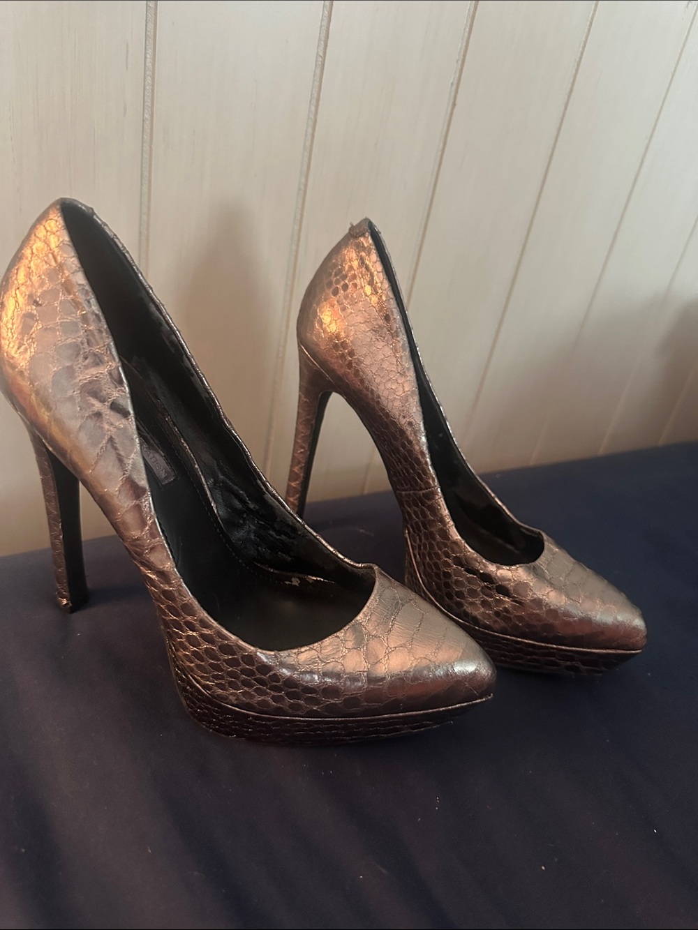 BCBGeneration Metallic Bronze Snake-Embossed Stiletto Heels